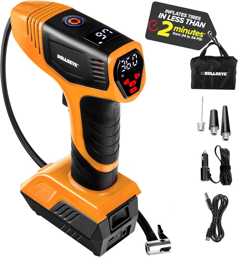 Emson Bullseye Pro ASON TV Digital Tire Inflator Automatic 150 PSI w/Gauge Display Screen & Pre-set Pressure in KPA,PSI,BAR,Kg/cm,Built-in LED Lights,Rechargeable,Air Compressor,Car Tire Pump,Orange - Image 1